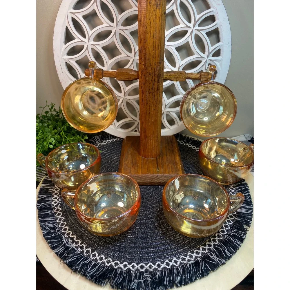 Vintage Fire-King Peach Lustre Tea‎ Cups Set of 6 Iridescent Copper Glass Mugs